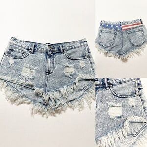 Bullhead Denim Co American Flag Acid Wash Distressed High Rise Denim Shorts